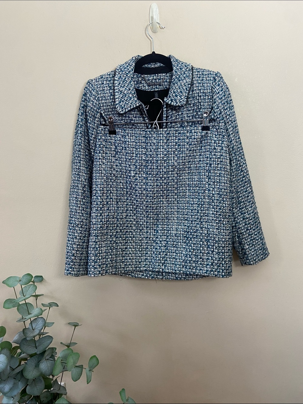 White House Black Market Tweed Skirt Suit Blue Black Houndstooth Set 2 Blue Fall